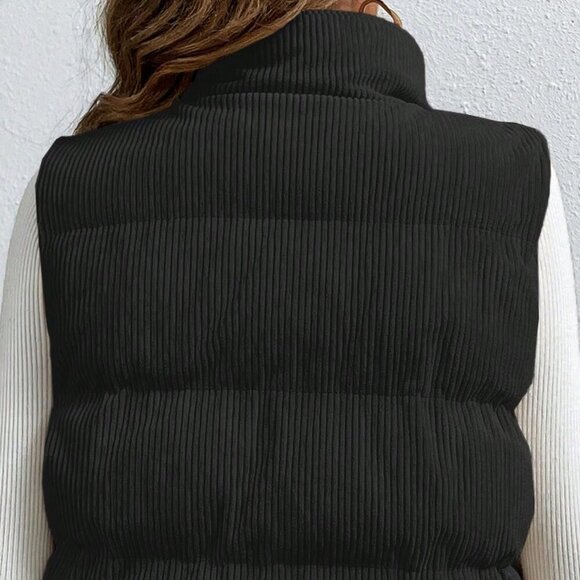 Black Casual Women's Minimalistic Button Up Padded Coat Vest - Picture 7 of 7